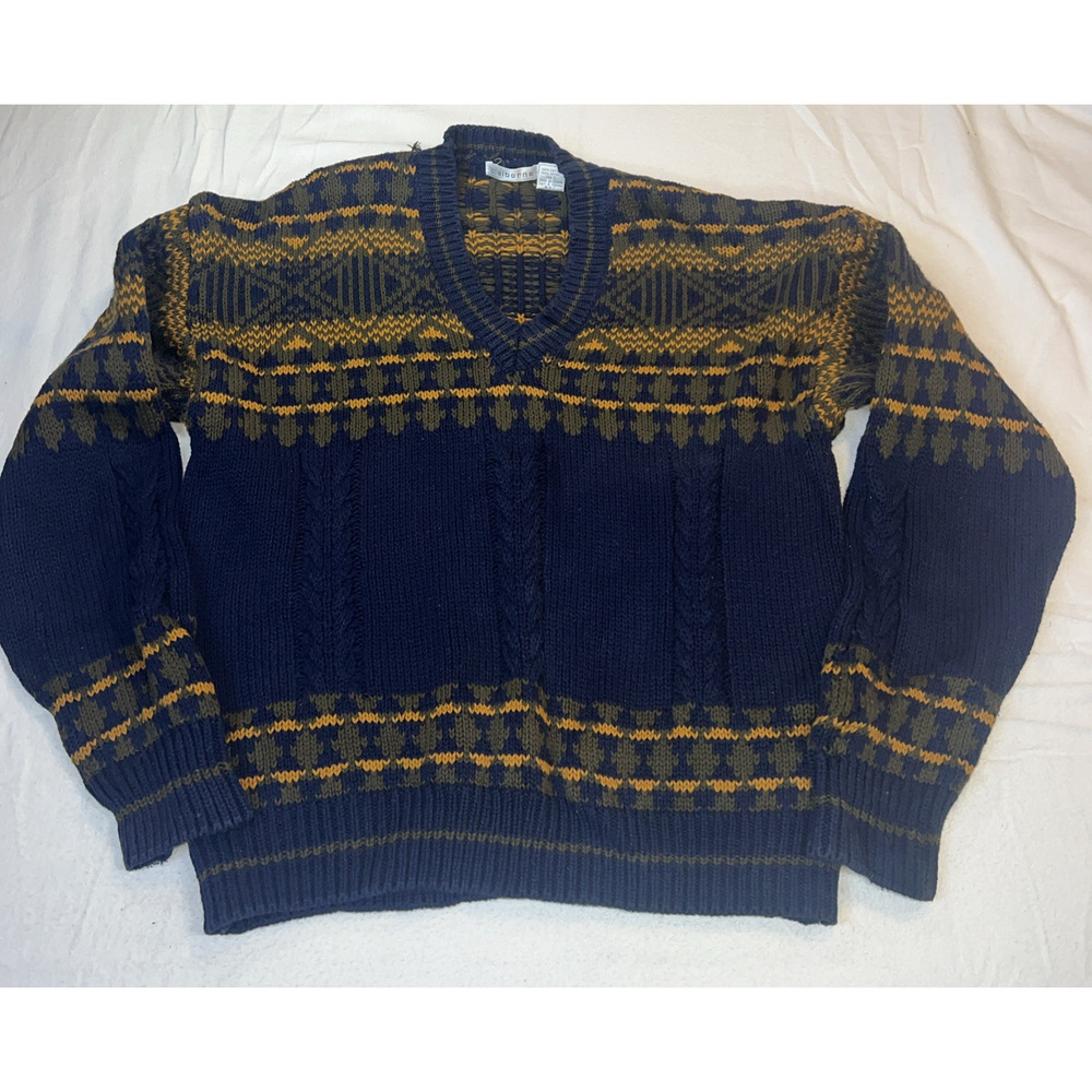 Claiborne V-Neck Heavy Cable Knit Sweater Navy Sz Large Women's Faire Isle
